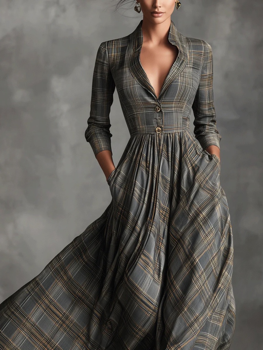 Modesees Grey Sophisticated Tartan-Patterned Linen-Blend Flared Maxi Dress - Picture 2 of 5